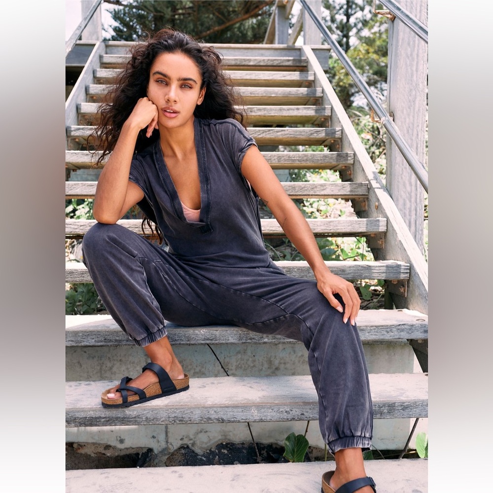 Free People Washed Black Short Sleeve Hot Shot V-neck Cut-out back Jumpsuit